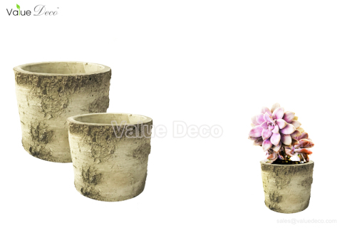 (CM0096) Cement Pot with Birch Bark Looking