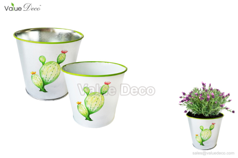 (ZC0093) White Tin Pot with Cactus Deco