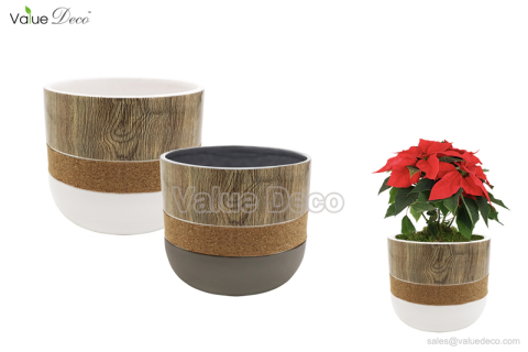 (DM0135) Wood grain with cork stripe ceramic flower pots