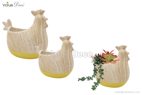 DMV03007 (Chicken Shape With Wooden Design Ceramic Planter)