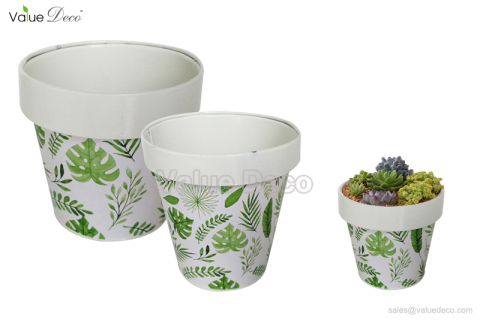 ZCV00963 (Metal Pot With Tropical Plants Design)